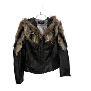 Garcia black leather jacket with fur trim and hood Italian 42 US small